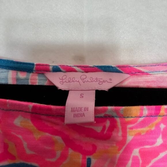 Lilly Pulitzer Neon Pink Coral Floral Print Fringe Hem Mini T-Shirt Dress Small - Picture 3 of 6